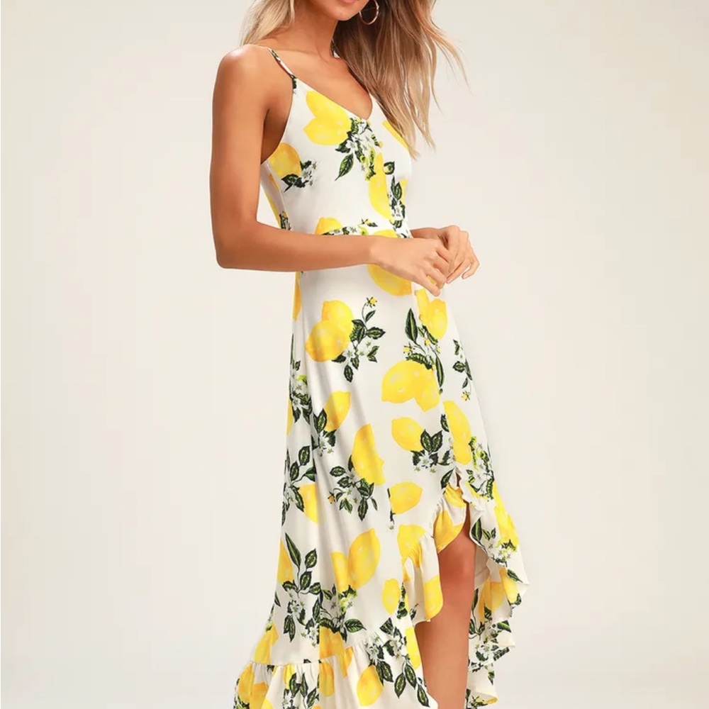 Lulu’s🌟Afternoon Air Yellow Lemon Print High-Low Midi Dress